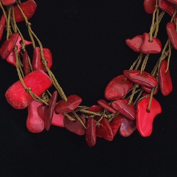 VTG Necklace Chunky Red Coral Natural Fringe Twine Cord Boho Statement Artisian - Picture 7 of 7